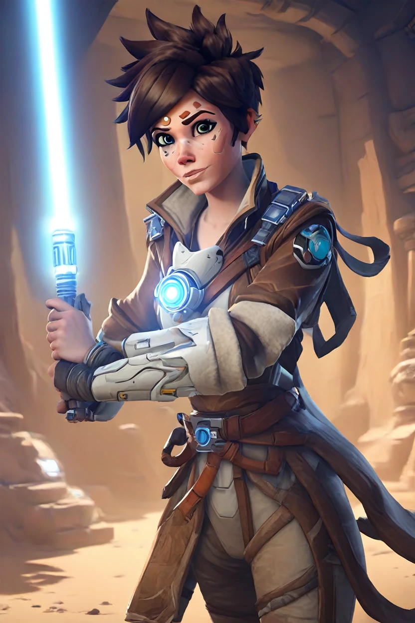 PETracerOW,portrait of tracer,freckles,outfit,
wearing jedi clothes,robe,holding  a light saber