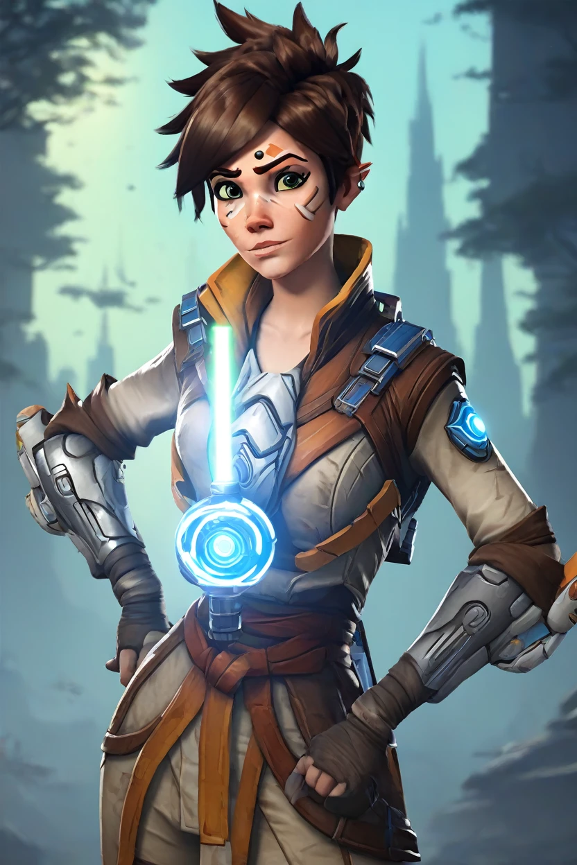 PETracerOW,portrait of tracer,freckles,outfit,
wearing jedi clothes,robe,holding  a light saber