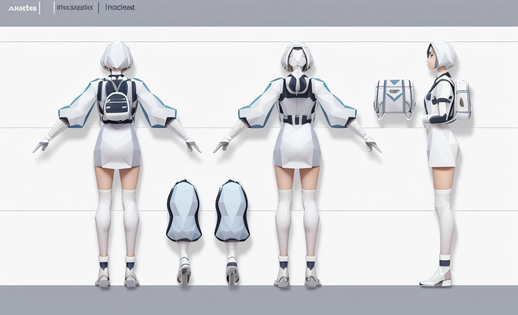 (Masterpiece, best quality: 1.2), (Super detailed), (Illustration), detailed face, a close up of a woman in a white office lady costume whole body highly detailed, complete detailed body, realistically proportioned body, anime proportions, extra detailed body, realistic body proportions, realistic shaded perfect body, highly detailed body, realistic proportions sfw, detailed body, character sheet, character model sheet turnaround , fullbody shot turnaround, reference model sheet, full character body, 3 d character reference sheet, anime vtuber full body model, high quality model sheet, full body details, character design sheet, detailed full body concept, detail face, front and back, white student costume, backpack on bag, alchemy tube on belt, low poly art style, low polygon, ((low polygonal)), ((organic shapes and lines)), (((low poly art style))), perfect alignment, clear outline,