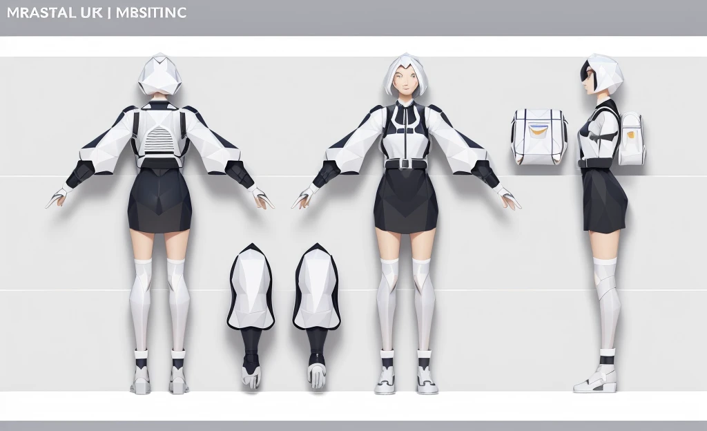 (Masterpiece, best quality: 1.2), (Super detailed), (Illustration), detailed face, a close up of a woman in a white office lady costume whole body highly detailed, complete detailed body, realistically proportioned body, anime proportions, extra detailed body, realistic body proportions, realistic shaded perfect body, highly detailed body, realistic proportions sfw, detailed body, character sheet, character model sheet turnaround , fullbody shot turnaround, reference model sheet, full character body, 3 d character reference sheet, anime vtuber full body model, high quality model sheet, full body details, character design sheet, detailed full body concept, detail face, front and back, white student costume, backpack on bag, alchemy tube on belt, low poly art style, low polygon, ((low polygonal)), ((organic shapes and lines)), (((low poly art style))), perfect alignment, clear outline,