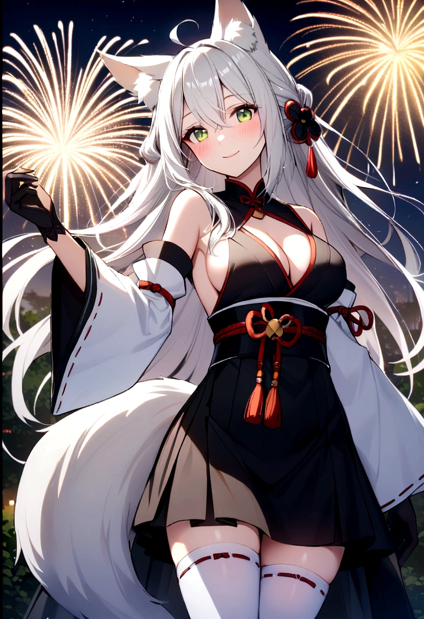 slender, mature female, rating:safe, fireworks, 1girl, animal_ears, long_hair, breasts, thighhighs, solo, smile, looking_at_viewer, very_long_hair, detached_sleeves, green_eyes, wide_sleeves, dress, white_legwear, silver_hair, fox_ears, standing, bare_shoulders, fox_tail, medium_breasts, bangs, eyebrows_visible_through_hair, black_gloves, fox_girl, multicolored_hair, sideboob, hair_between_eyes, tail, ahoge, sky, ribbon, two-tone_hair, outdoors, long_sleeves, white_hair, night, bow, blush, gloves, cleavage, japanese_clothes, black_dress, sidelocks, detached_collar, aerial_fireworks