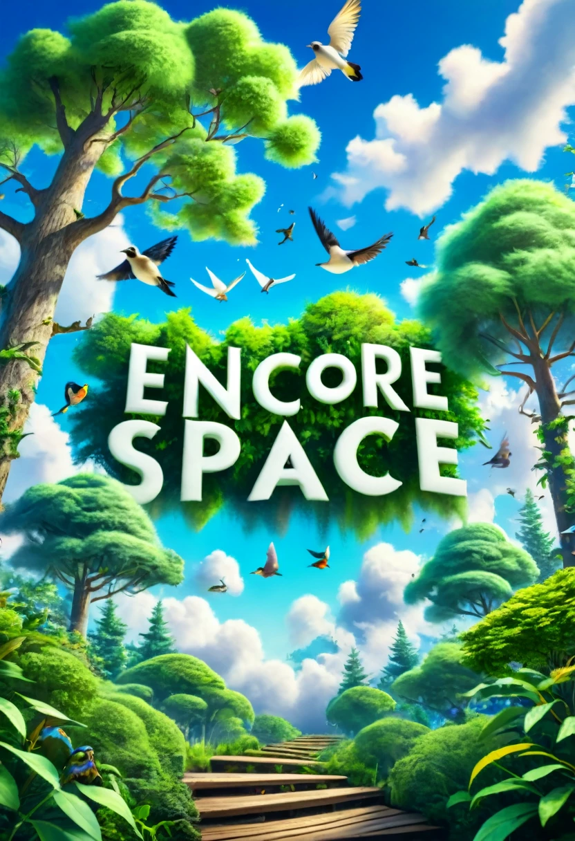 a mystical forest scene with blue sky,fluffy white clouds, text "Encore Space" composed of musical notes, lush green trees, small birds flying, (best quality,8k,highres,masterpiece:1.2),ultra-detailed,realistic,photorealistic,photo-realistic:1.37,intricate details,vibrant colors,natural lighting,fantasy landscape,idyllic,peaceful,serene