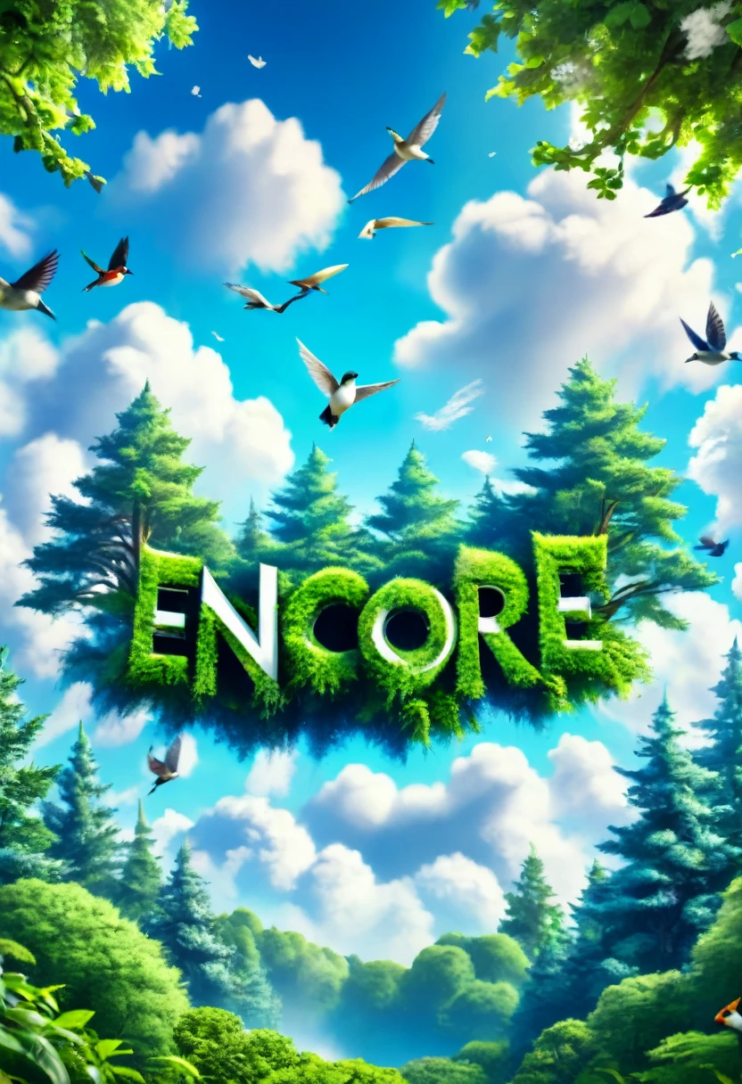 a mystical forest scene with blue sky,fluffy white clouds, text "Encore Space" composed of musical notes, lush green trees, small birds flying, (best quality,8k,highres,masterpiece:1.2),ultra-detailed,realistic,photorealistic,photo-realistic:1.37,intricate details,vibrant colors,natural lighting,fantasy landscape,idyllic,peaceful,serene