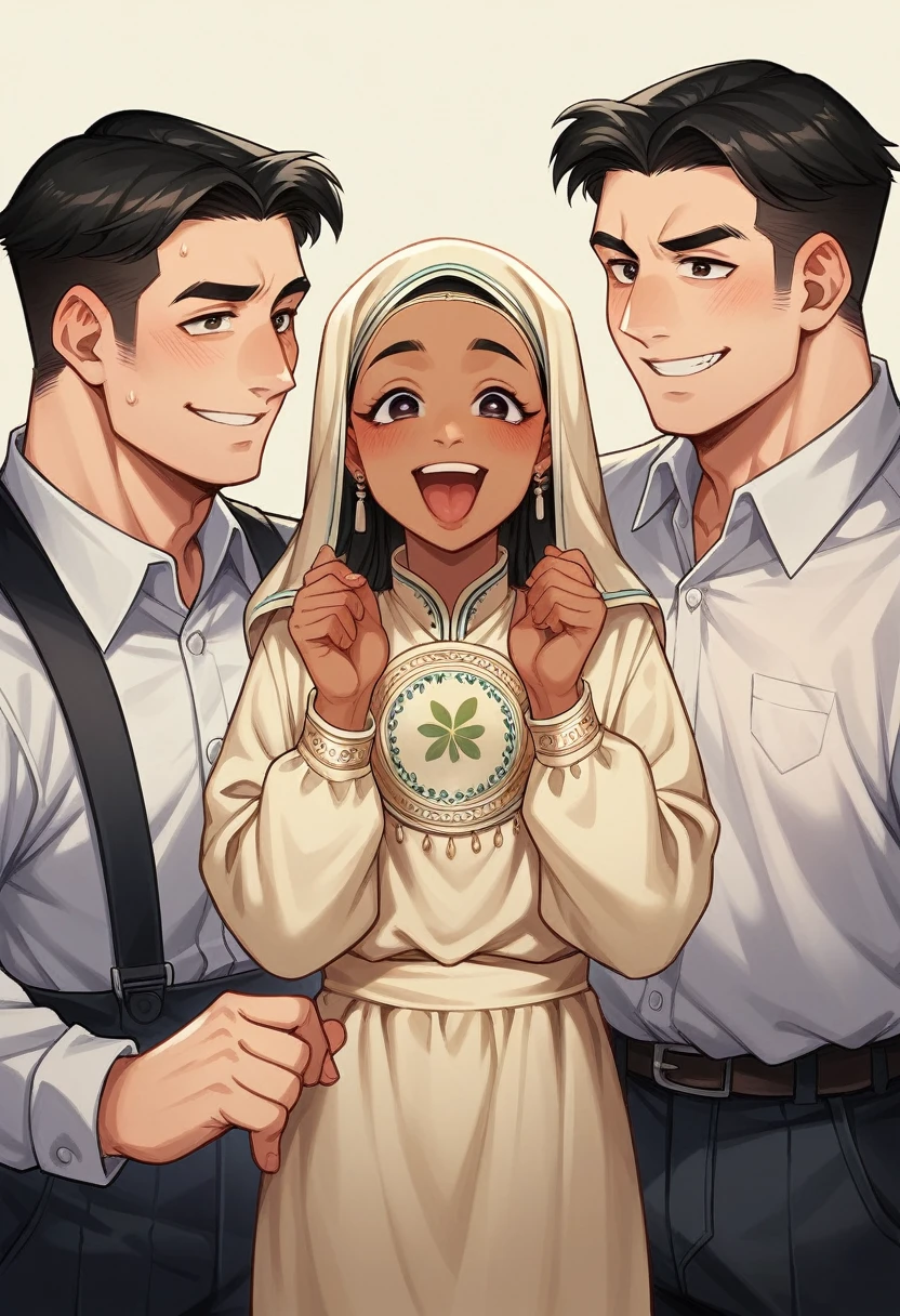 An authentic-looking Chinese family with almond-shaped eyes, none of the men have beards. The family consists of one Muslim woman and three teenage boys with well-built physiques. They are all dressed in Muslim attire. They appear happy and are taking a photo together with a goat, with a mosque in the background."