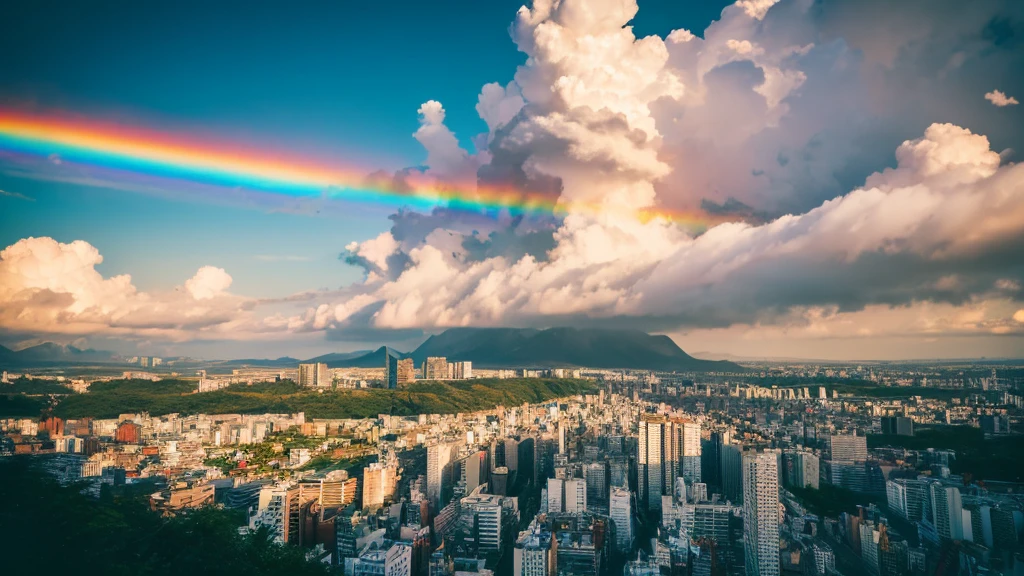 there is a rainbow in the sky over a beach with rocks and pebbles, an illustration of by Igor Grabar, trending on shutterstock, fine art, seashore, magical beach, sunny rainbow galaxy stormy sea, colorful hd picure, near the seashore, rainbow reflections, just one rainbow 8 k, beach landscape, still of rainbow ophanim, calm vivid colors a view of a city with tall buildings and a green park, a picture by Naondo Nakamura, unsplash, sōsaku hanga, tokyo japan, there are two people climbing up a mountain with a view of the clouds, a detailed matte painting inspired by Michael Komarck, unsplash, romanticism, chamonix, photo epic of the year, max rive, breath taking, epic stunning atmosphere, national geographic footage, rise above clouds, stunning skied, above the clouds, gopro footage tokyo city, tokyo city in the background, tokio, tokyo, japanese city, tokyo prefecture, new tokyo, aerial view of a city, tokyo in the background, bird's eye view of a city