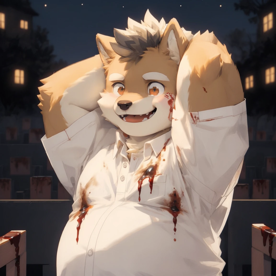 masterpiece, best quality, 8k resolution, Very detailed, hairy，Shiba Inu，(Black hair)，(((golden fur)))，(((Blood red eyes)))，Chubby，Chubby face，(((White shirt)))，(((Loose shirt)))，((Black pants))，(((For the audience)))，Highest quality scene，(((Solitary)))，solitary，Upright，portrait，((Yandere))，((Night))，((bloody))，((Face-to-face))，(((Eyes on me)))，(((The eyes are empty)))，(((Tilting your head)))，(((Round face)))，(((Smiling evilly)))，(((whole body)))，