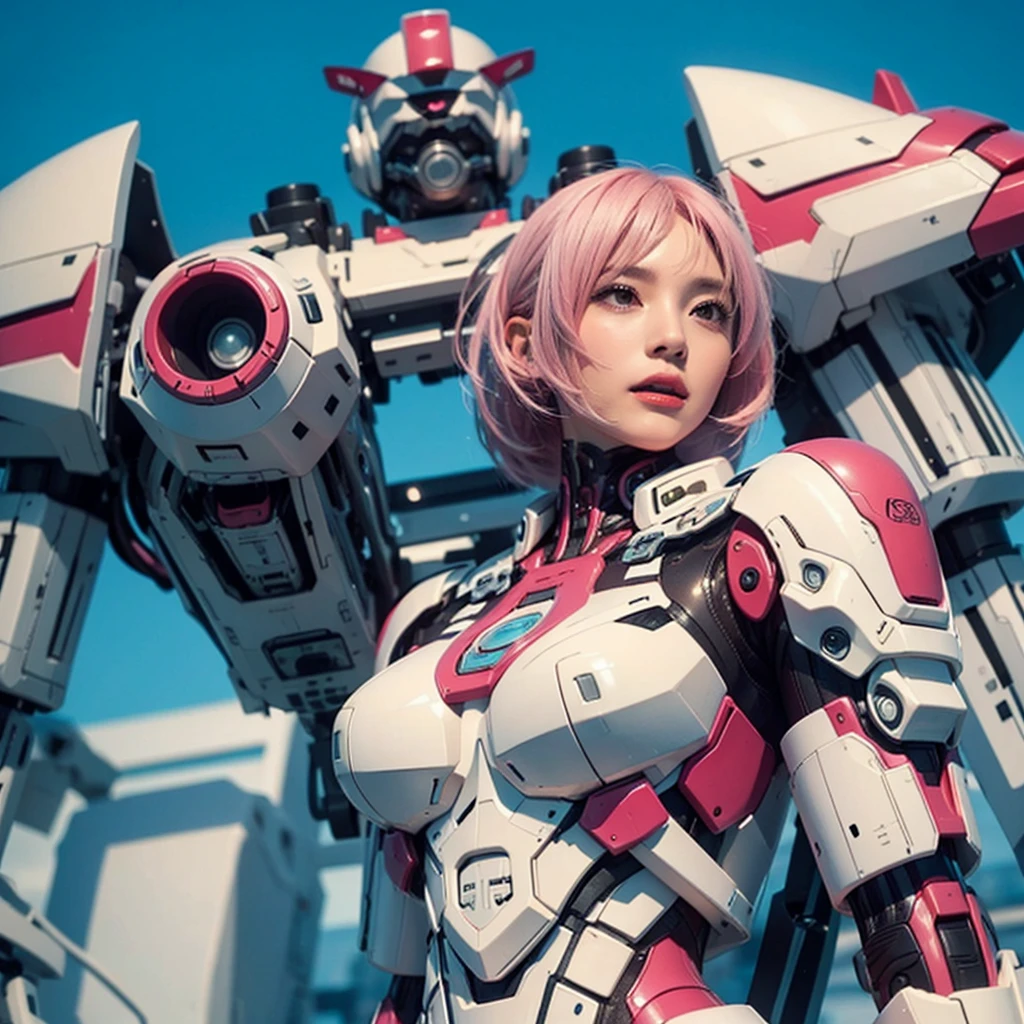 1 girl, full body esbian,sat down,dramatic lighting,Pink Mecha,honey mecha,ホワイトPink Mecha,pink long hair,white long hair,small breasts,clothes fit the body,skin as white as snow, face,The most delicate face,????? thighs,8k wallpaper,master piece,best quality,smile,feet,put your foot on the bear,bear pillow