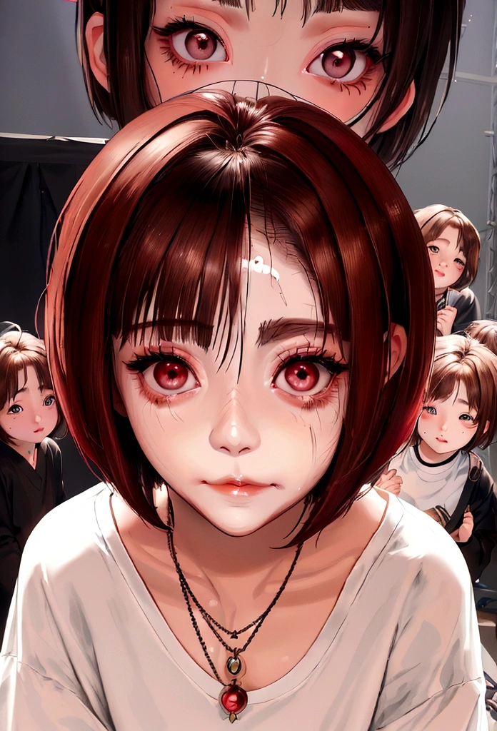 ((top-quality))、(masuter piece:1.4)、Raw photography、8K、((Top image quality))、 ((hight resolution))、Beautiful face in every detail、Realistic human skin、Gentle expression、(One lady:1.3 )、realisitic、Photorealsitic、(extra very short hair:1.4)、(Beautuful Women)、(cute Japanese girls)、((Pretty Woman))、(Beautiful hair)、((dark brown  hair))、(((Red cheeks)))、((Her eyes are big))、20-year-old beauty、(her face is small:1.7)、small head、((long neck))、pale skin、Spot-free skin、With bangs、Everyone longs for、japanese beautiful woman、eight heads high、(a necklace)、((music festival))、blue-sky、Looking at the camera、singers、Everyone admires her、(she is a celebrity)、she is a beautiful japanese female singer、wristbands、(Concert T-shirt)、The center of attention of the crowd、(she has many fans:1.4)、[[smil]]、(Oversized clothes:1.3)、