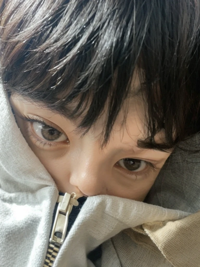 Korean, slanted and elongated eyes, half of the face covered by cloth, parts
