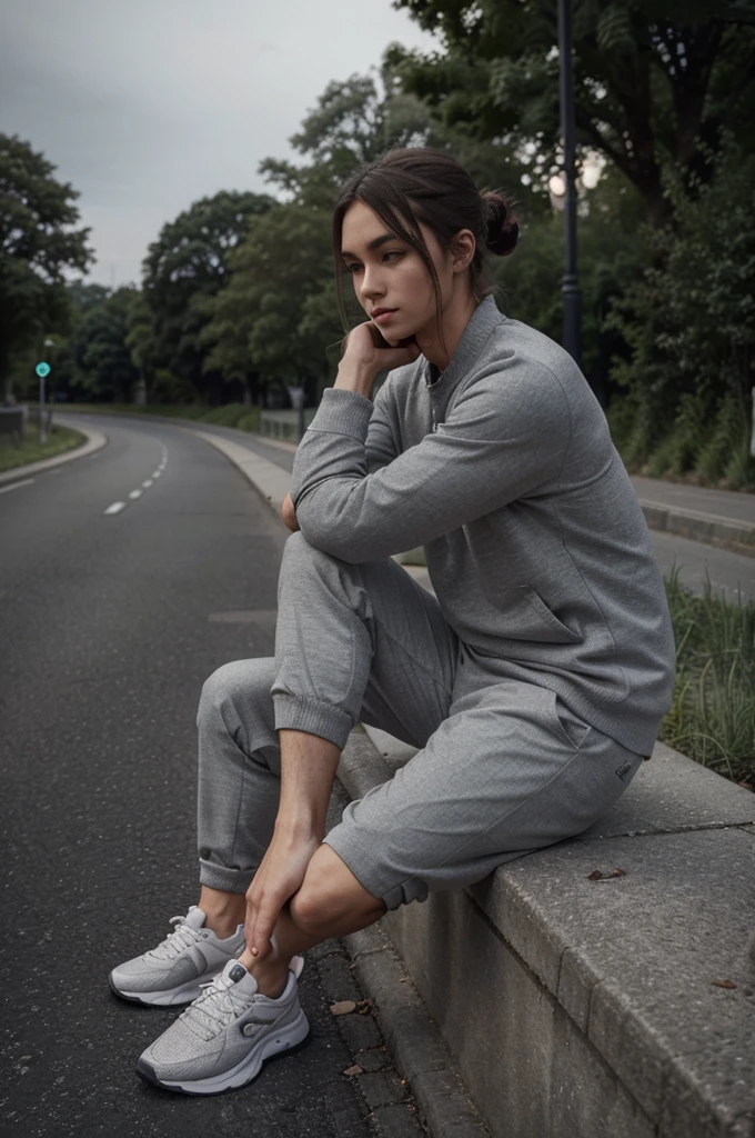 A photo taken of shoes depicts a calm atmosphere while relaxing outdoors with a view of the shoes you are wearing. This photo shows a person sitting relaxed on a dark road surface, wearing gray sports shoes and gray trousers. Use a soft lighting style to create a peaceful and reflective effect.