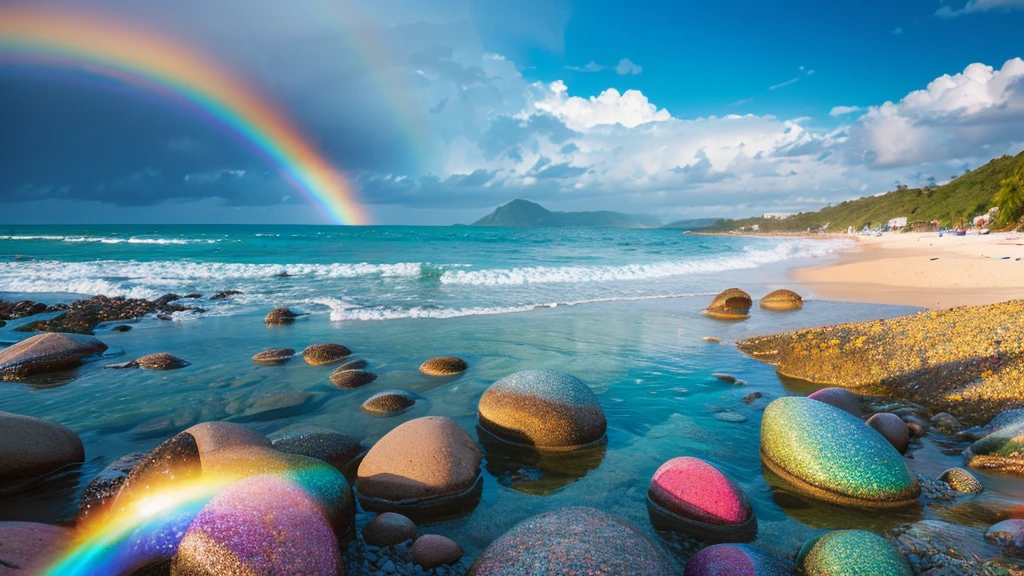 there is a rainbow in the sky over a beach with rocks and pebbles, an illustration of by Igor Grabar, trending on shutterstock, fine art, seashore, magical beach, sunny rainbow galaxy stormy sea, colorful hd picure, near the seashore, rainbow reflections, just one rainbow 8 k, beach landscape, still of rainbow ophanim, calm vivid colors