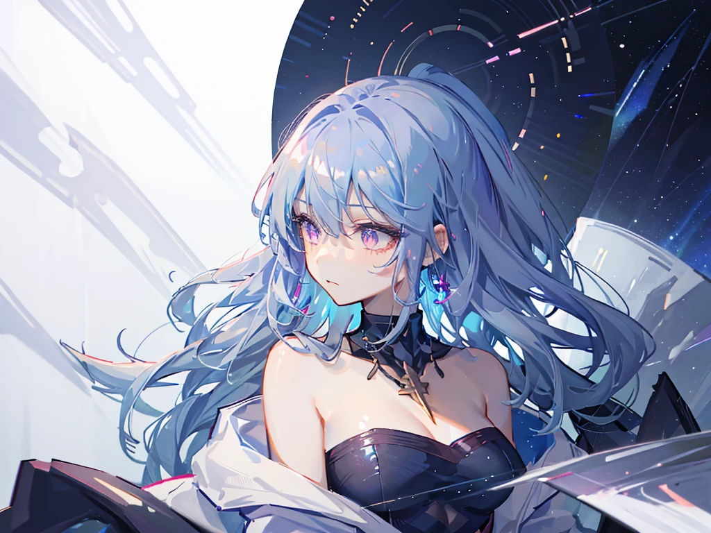 8k wallpaper，tmasterpiece，cinmatic lighting，top Quority，illustratio，Dramatic angles，（（a color：1.1）），（（Colored inner hair：1.4）），
1girll， solo， long blue hair， SakuraNS， Pink eyes， Cross necklace， parted lip， a white choker， liquid hair， Light blue hair， By bangs， By bangs， From the side Side， contours， The upper part of the body， blue hairs， simple backgound， Black and purple back ground， exposed bare shoulders， sportrait， looking at viewert， white dresses， hairsbetweeneyes， colorfulhair， Galaxy Background, Nebula, 耳Nipple Ring，jewely, majestic space creature