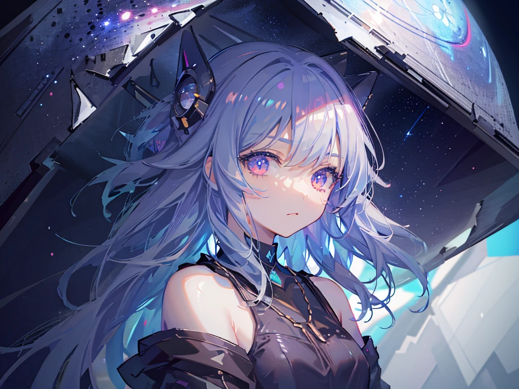 8k wallpaper,tmasterpiece,cinmatic lighting,top Quority,illustratio,Dramatic angles,((a color:1.1)),((Colored inner hair:1.4)),
1girll, solo, long blue hair, SakuraNS, Pink eyes, Cross necklace, parted lip, a white choker, liquid hair, Light blue hair, By bangs, By bangs, From the side Side, contours, The upper part of the body, blue hairs, simple backgound, Black and purple back ground, exposed bare shoulders, sportrait, looking at viewert, white dresses, hairsbetweeneyes, colorfulhair, Galaxy Background, Nebula, 耳Nipple Ring,jewely, majestic space creature