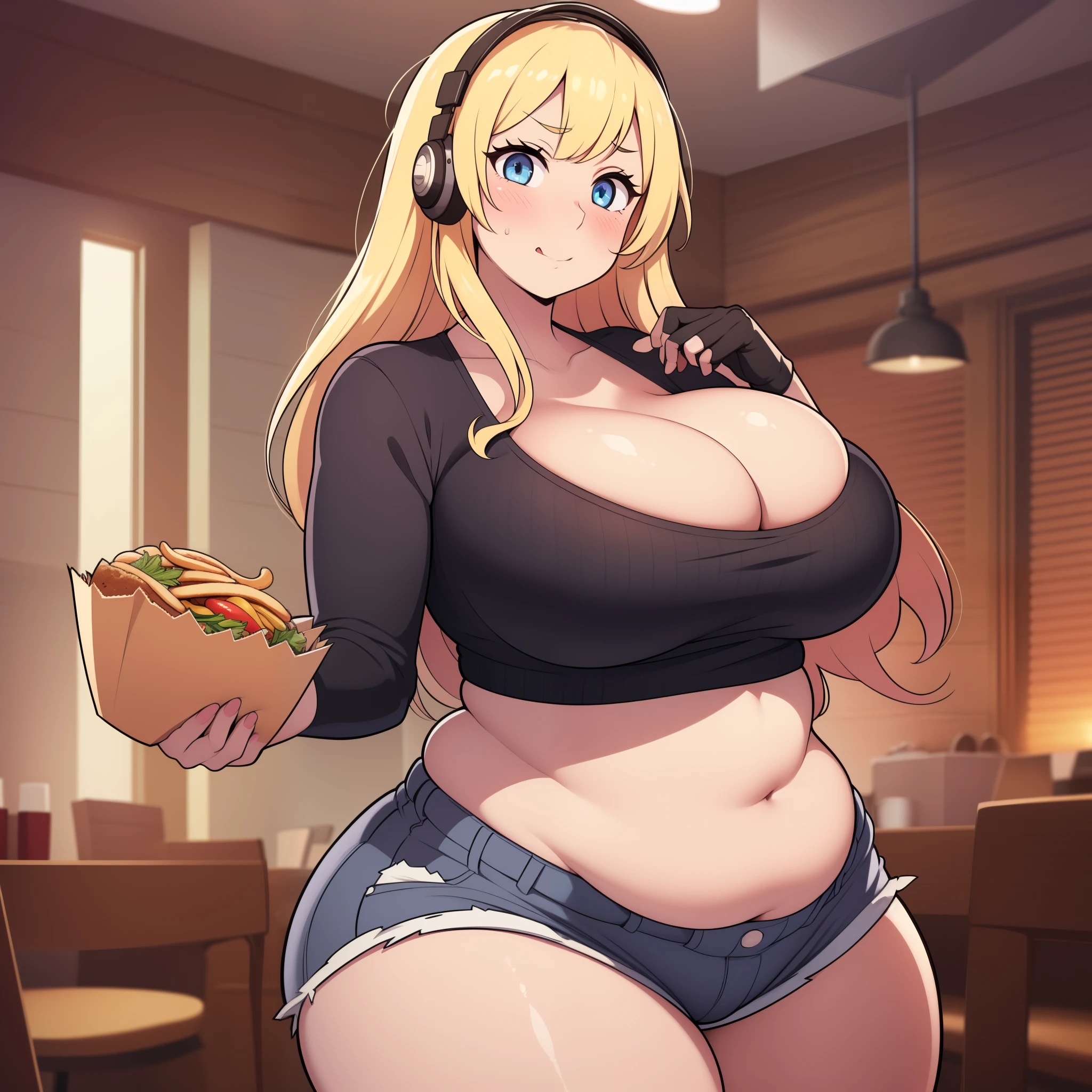 ((highres)), Masterpiece, high quality, best quality, beautiful, perfect lighting, detailed face, ultra cute face, ((1girl)), ((solo)), ((blush)), (embarrassed), looking at viewer, blonde hair, blue eyes, crop top and shorts, skindentation, full body, fast food restaurant, large breasts, perky breasts, cleavage, ((wide hips)), (((thick thighs))), ((plump)), chubby belly, fat folds, standing, arms behind back, embarrassed, table full of food,