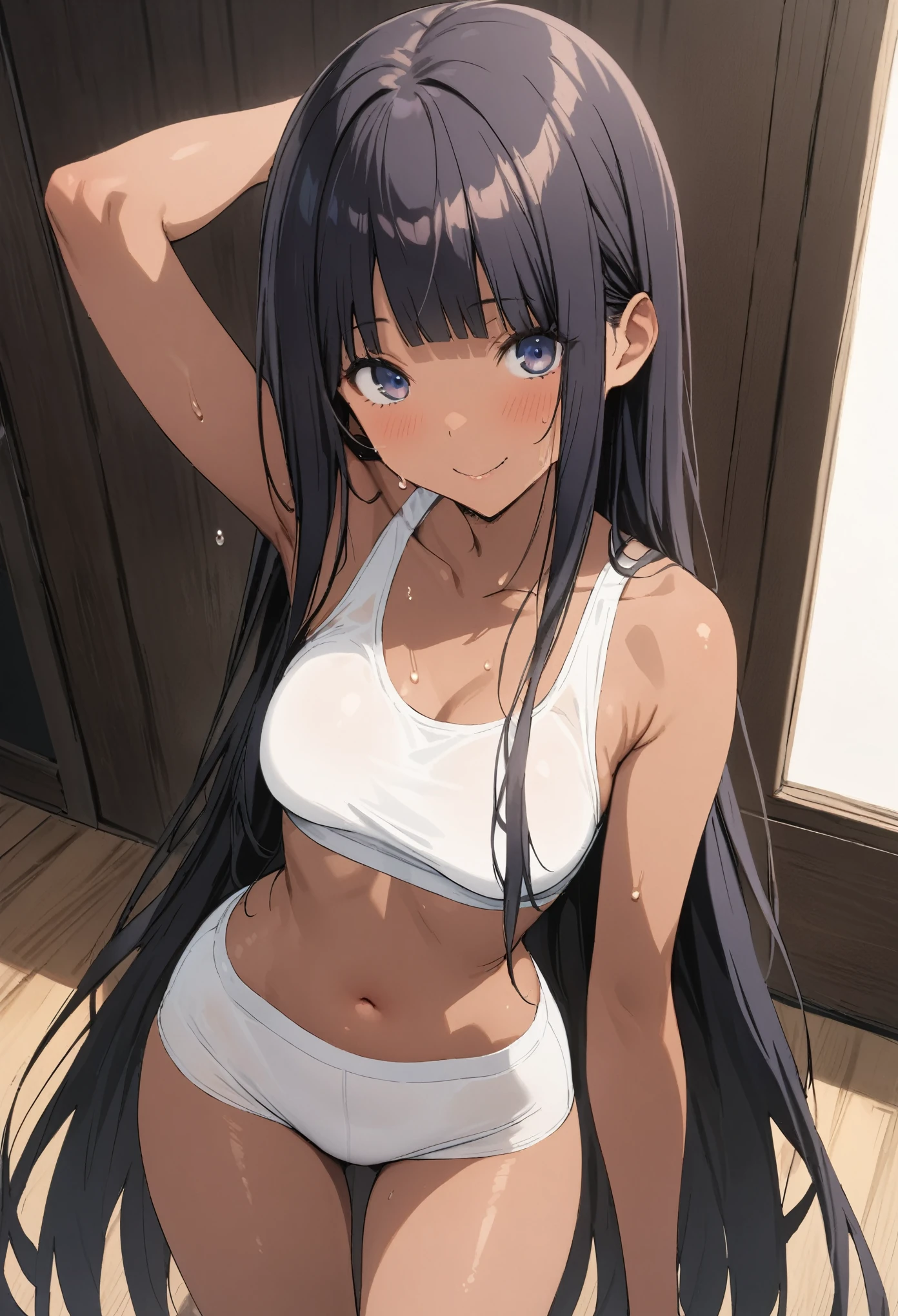 (((masterpiece, Highest quality:1.5,absurdres))),25 year old beauty,(dark blue hair),((very small head:1.3)),long hair,bangs,dark blue eyes,gorgeous eyes,smile,medium breasts,((very long body:1.3)),((toned body,slender body)),skinny,(((tan skin:1.3))),gleaming skin,shiny skin,sweat,(White sports bra、navel、White sports shorts)、During training、sports gym、