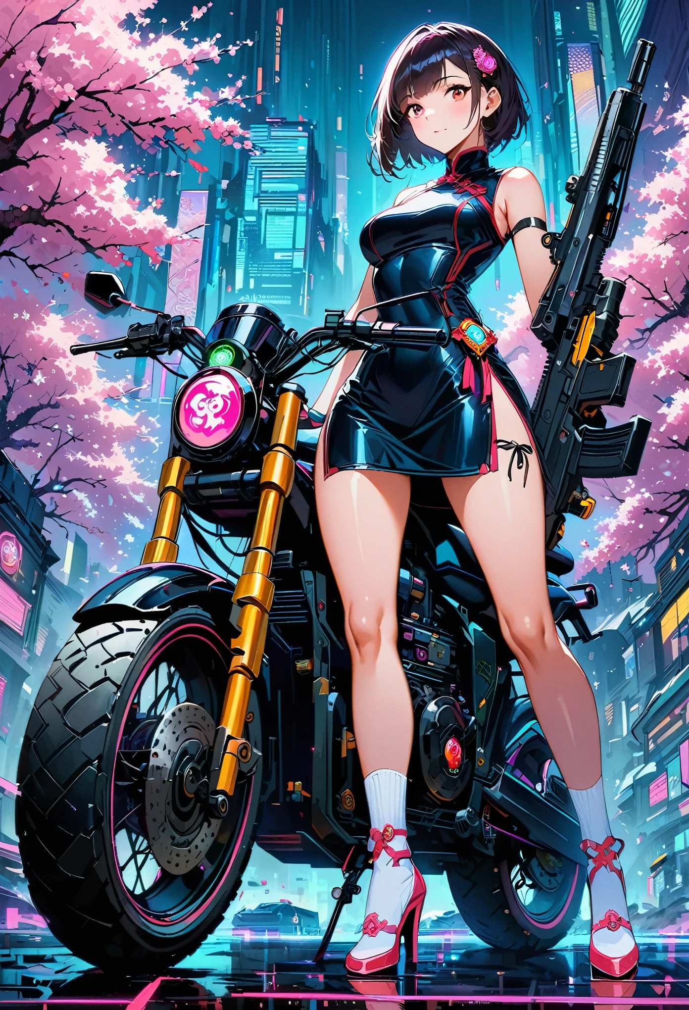 ((Vision:1.8)),((Wide-angle lens:1.5)),1 girl, Wearing a black cheongsam,Robot arms and legs,Cyberpunk beauty holding an electric rifle,Standing under the cherry blossom tree with pink flowers,(white sockechanical ceramic high heels:1.5 ),Cyberpunk background,Empty Mountain Motorcycle Style Oil Painting,futuristic style,cyberpunk,high detail