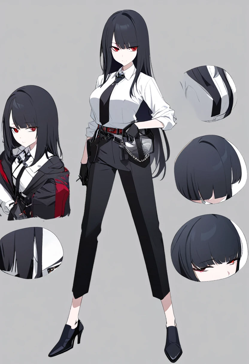 One woman,Dynamic,whole body,Are standing,mysterious,Concept Art,Character Design,Jet black straight hair,The bangs are trimmed to accentuate the eyes.,Well-proportioned face,Sharp Eyes,White shirt and black tie,Black slacks,Silver cufflinks on the left hand,On the ring finger of her right hand she wears a simple silver ring.。Luxury watches,Black leather shoes,beltでウエストラインを強調,Arknights Wind,Stylish,Red eyes,belt,Stylish,Simple background gray,Details,Okabo Hair,Half-open eyes,Cool appearance,,Black gloves,