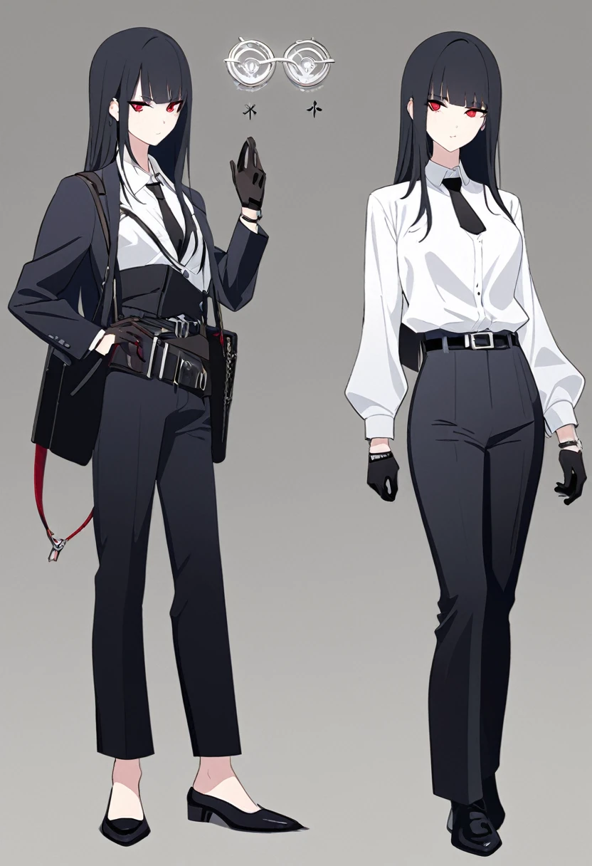 One woman,Dynamic,whole body,Are standing,mysterious,Concept Art,Character Design,Jet black straight hair,The bangs are trimmed to accentuate the eyes.,Well-proportioned face,Sharp Eyes,White shirt and black tie,Black slacks,Silver cufflinks on the left hand,On the ring finger of her right hand she wears a simple silver ring.。Luxury watches,Black leather shoes,beltでウエストラインを強調,Arknights Wind,Stylish,Red eyes,belt,Stylish,Simple background gray,Details,Okabo Hair,Half-open eyes,Cool appearance,,Black gloves,