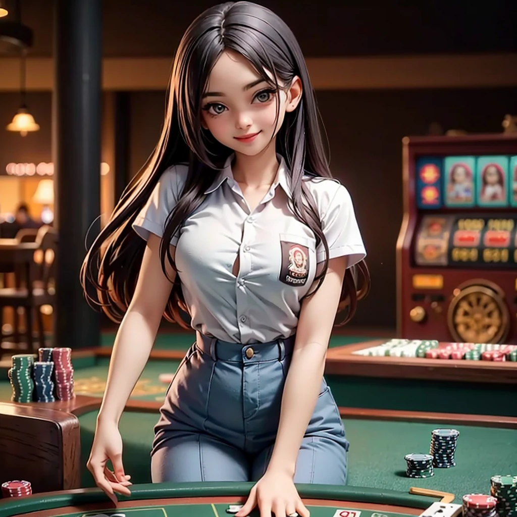 (masterpiece, best quality, high resolution), 19 years old, one indonesia school girls only, standing and teasing, perfect eyes, laugh, sitting on poker table, gambling, slot machine, baccarat, roulette, customer service, happy smile