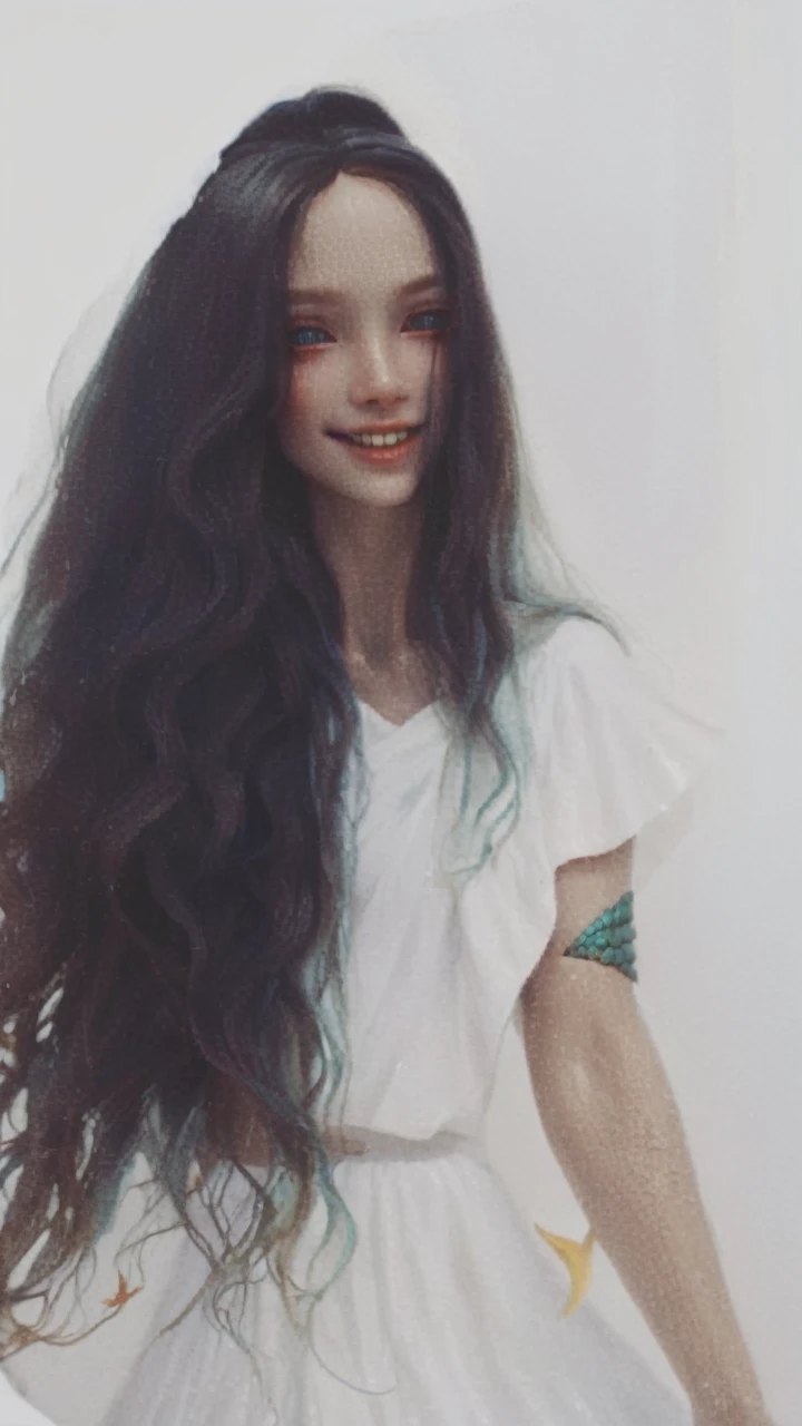 hyper detailed masterpiece, dynamic, awesome quality, claysculpt mermaid, humanoid upper body,fish tail, long flowing hair, enchanting alluring appearance, aquatic beauty, aquatic hues, singing and enchanting melodic voices, luring sailors to doom ,