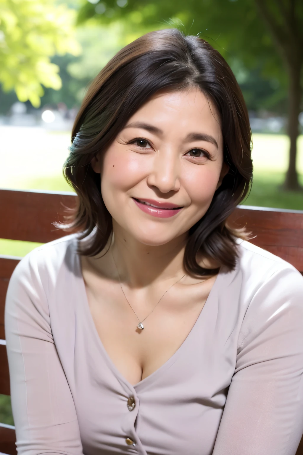 最high quality, In 8K, Masseter region, real, Sharp focus, high quality, High resolution, Detailed face, Fine grain, Thick lips, Background Blur, alone, Full body photography, Middle-aged women, , 65 years old, , Wavy Hair, Cleavage, Wearing a plain short-sleeved knit, Sitting on a park bench, Wrinkles around the eyes, Smiling with teeth showing