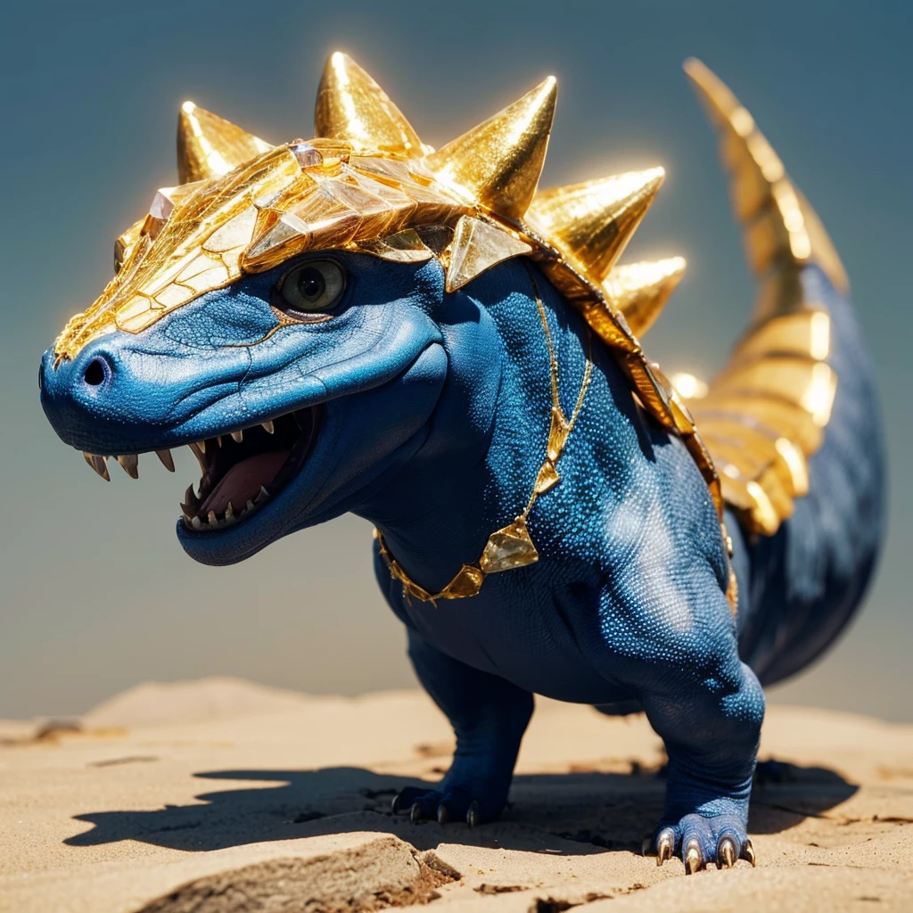 Small Animaly, generate dinosaurus mixed with Crystal, (the skin is gold), has blue stripes on his skin, white eyes, Grassroots, no background,