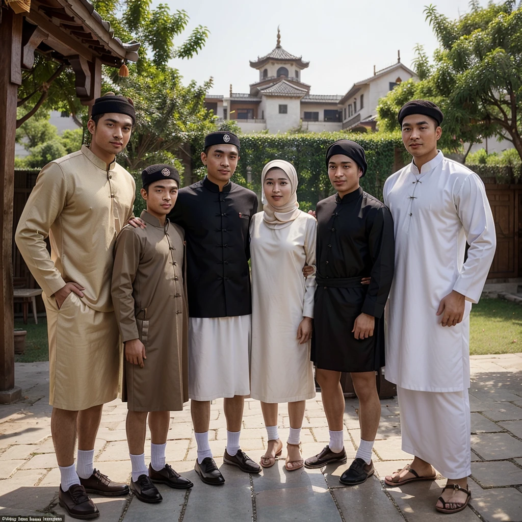 An authentic-looking Chinese family with almond-shaped eyes, none of the men have beards. The family consists of one Muslim woman and three teenage boys with well-built physiques. They are all dressed in Muslim attire. They appear happy and are taking a photo together with a goat, with a mosque in the background."