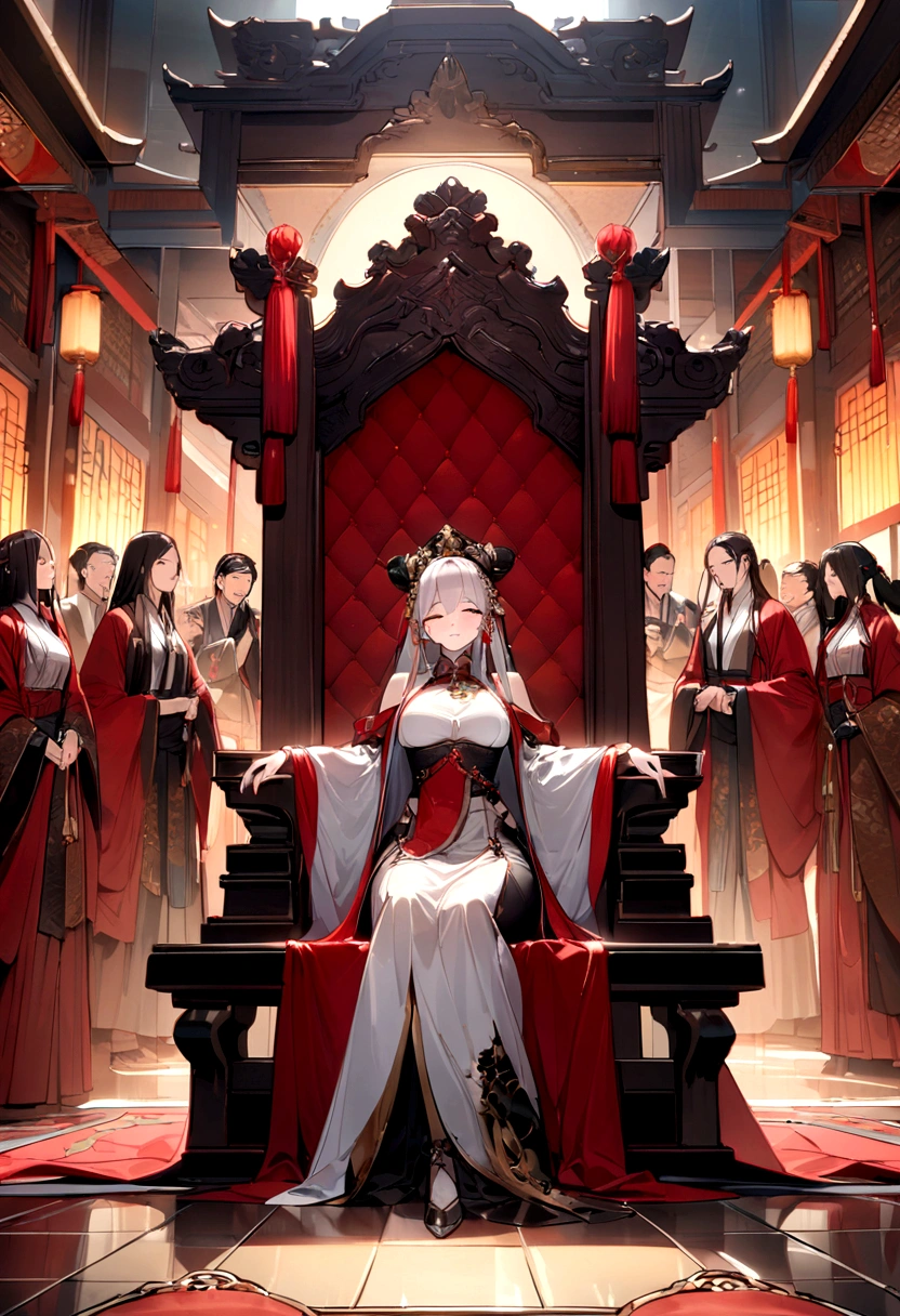 In real scenes, Chinese palaces above the clouds, In the main hall of the palace, The emperor sits on the throne, Wearing luxurious ancient costumes,Majestic face. Surrounded by concubines, The craftsman kneeling before them, Gorgeous, Glazed tiles, Colored lights, (((Ink splash)), ((Ink splash}), masterpiece, high quality, Beautiful graphics, High Detail: