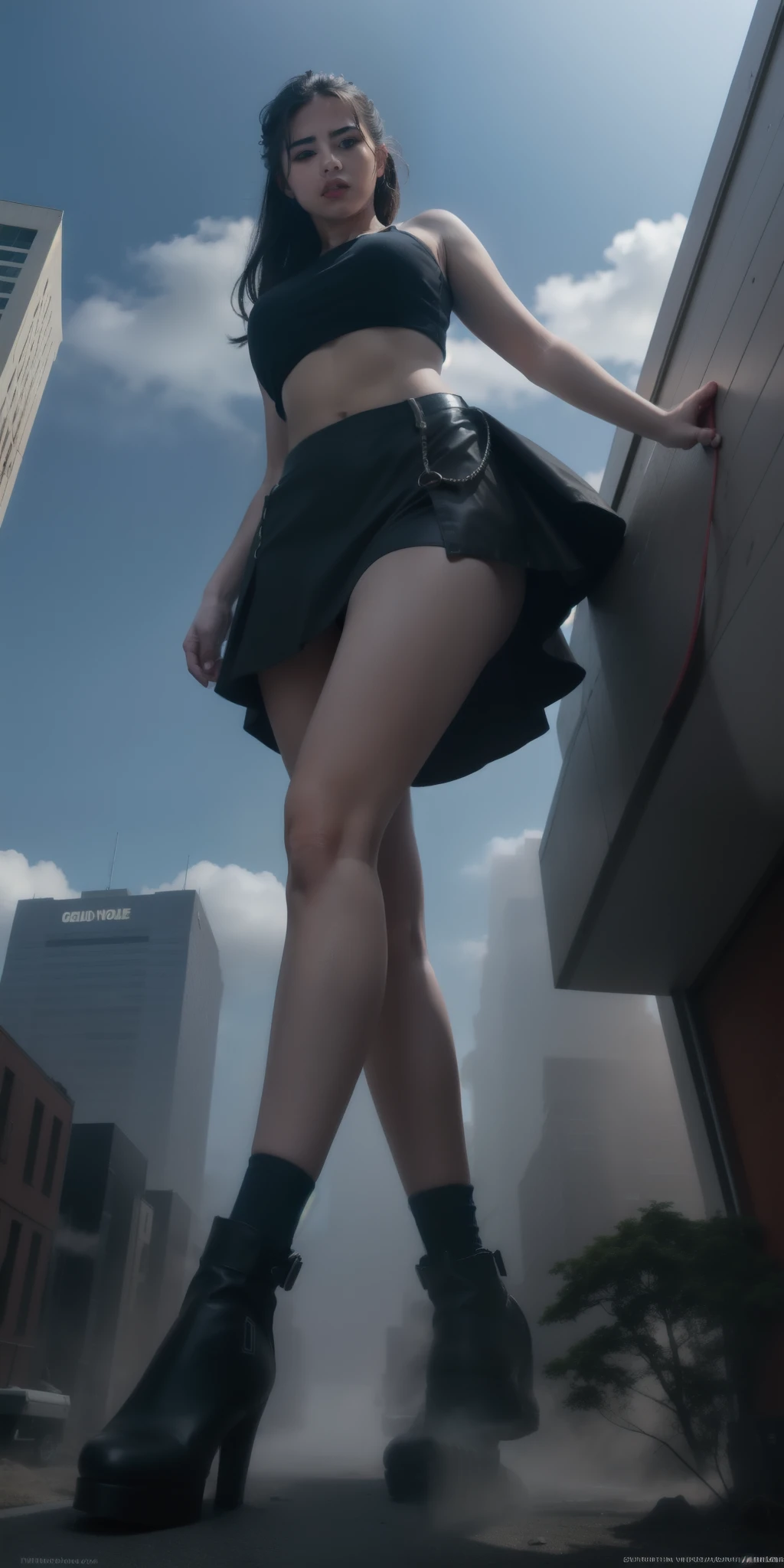 "A towering Giantess in a cool and laid-back hippie style is rocking a crop top and baggy skirt. (barely visible white panties). Her toned and athletic build hints at her massive strength. She seems to be casually strolling through the bustling cityscape of GTS City, as towering buildings loom overhead. Smoke and clouds roil around her, adding to the sense of epic scale and drama. The lighting is dark, gloomy, and realistic, creating a tense and ominous atmosphere. The perspective is from below, emphasizing the sheer majesty and power of the Giantess."