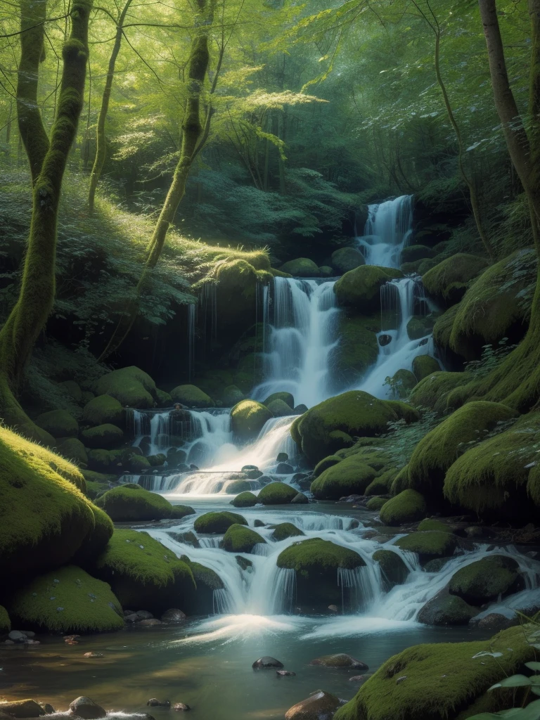 (best quality,4k,8k,highres,masterpiece:1.2),ultra-detailed,(realistic,photorealistic,photo-realistic:1.37),enchanted forest,serene stream,natural beauty,sunlight filtering through the treetops,tranquil atmosphere,fairies dancing in the glimmers of light,mystical creatures camouflaged among the foliage,lush greenery flourishing in every corner,peaceful sounds of birds chirping and water flowing,whispering leaves rustling in the gentle breeze,delicate wildflowers blooming along the stream,butterflies fluttering their vibrant wings,light beams creating a captivating play of shadows,colorful moss-covered rocks by the stream,tall majestic trees reaching towards the sky,canopy of leaves providing a soothing shade,clear water reflecting the beauty of nature,sun rays illuminating the forest floor with a magical glow