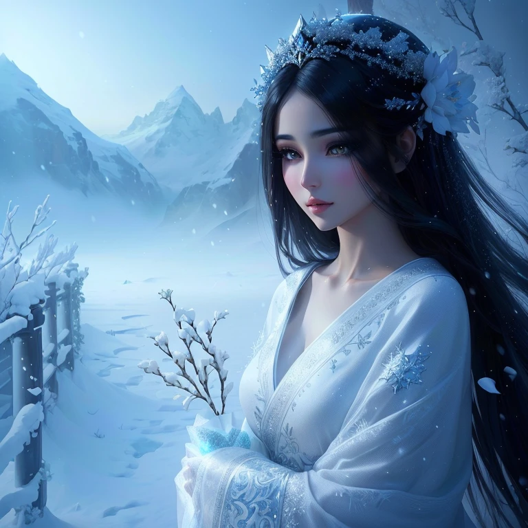 Arabian woman in a white dress holding a bouquet, Beautiful digital artwork, Gweiz-style artwork, Winter Goddess, Beautiful digital art, Beautiful fantasy art, Digital fantasy art ), Chinese Fantasy, Beautiful avatar photos, Surrounded by frozen flowers, Beautiful character drawings, very Beautiful fantasy art, Winter Princess, Beautiful and gorgeous digital art