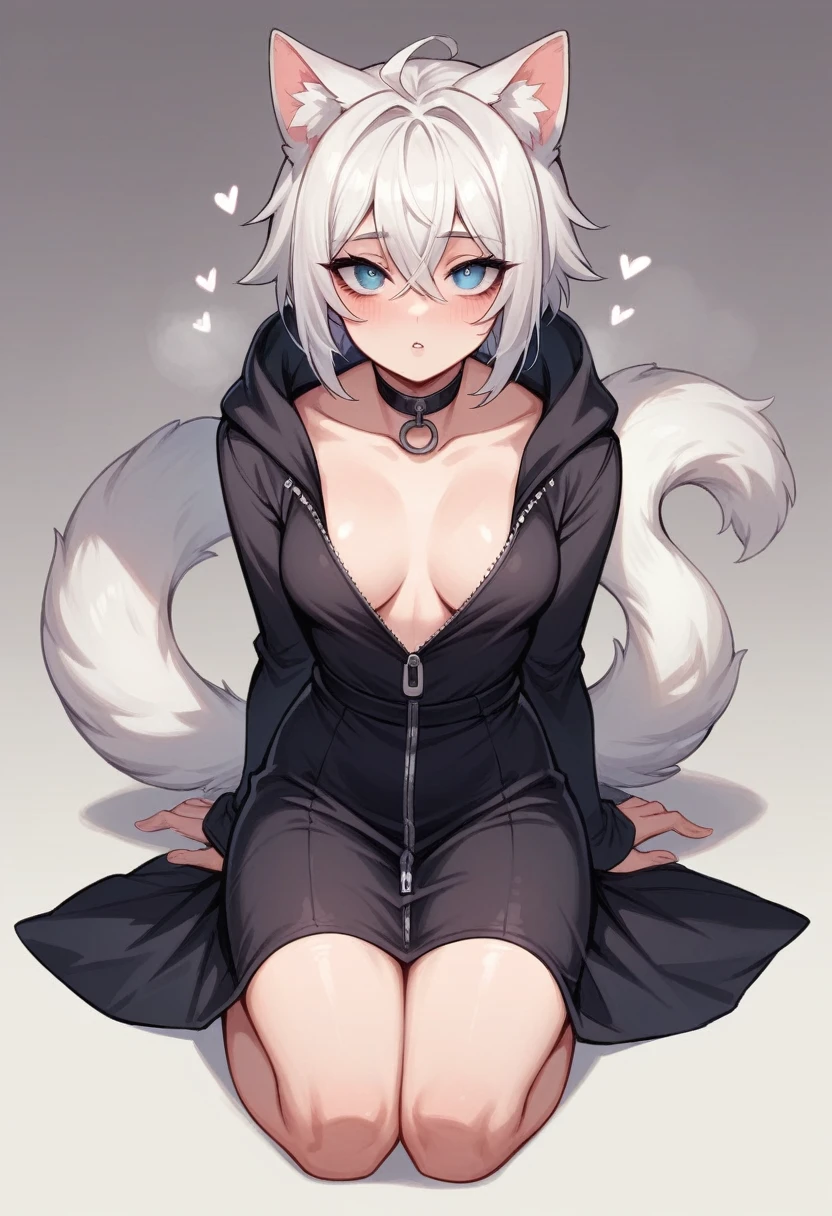 Very Sexy white hair blue eyed cat girl who is sitting on the floor Looking up at you with hungry eyes you can see her full body and she is dressed in a black Huddie dress with the hood on and small brest barly showing out of the unzipped dress, She wants you and only you. she is in heat and wants to mount you. the background is night and she wants to sit on your face you can see between her legs, 4k 3840X2160 henti