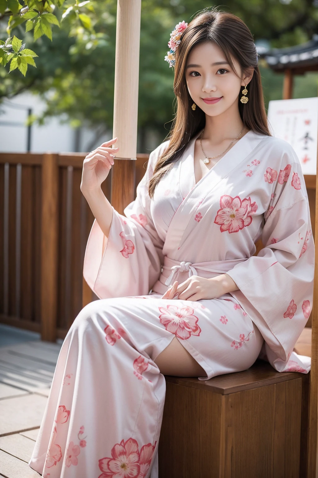 Highest quality,8K, Detailed facial depiction, Detailed description of the eyes,One Woman, Light brown hair(Medium-long hair),Beautiful Japanese Girl,24-years-old,Cute eyes,Cute Smile,Yukata beauty,Yukata with a beautiful floral pattern,Slender body, Large, plump breast size, Long and beautiful legs,Smiling, Colorful earrings,necklace,Are standing,Beautiful nape,Japanese Summer Festivals,There are food stalls