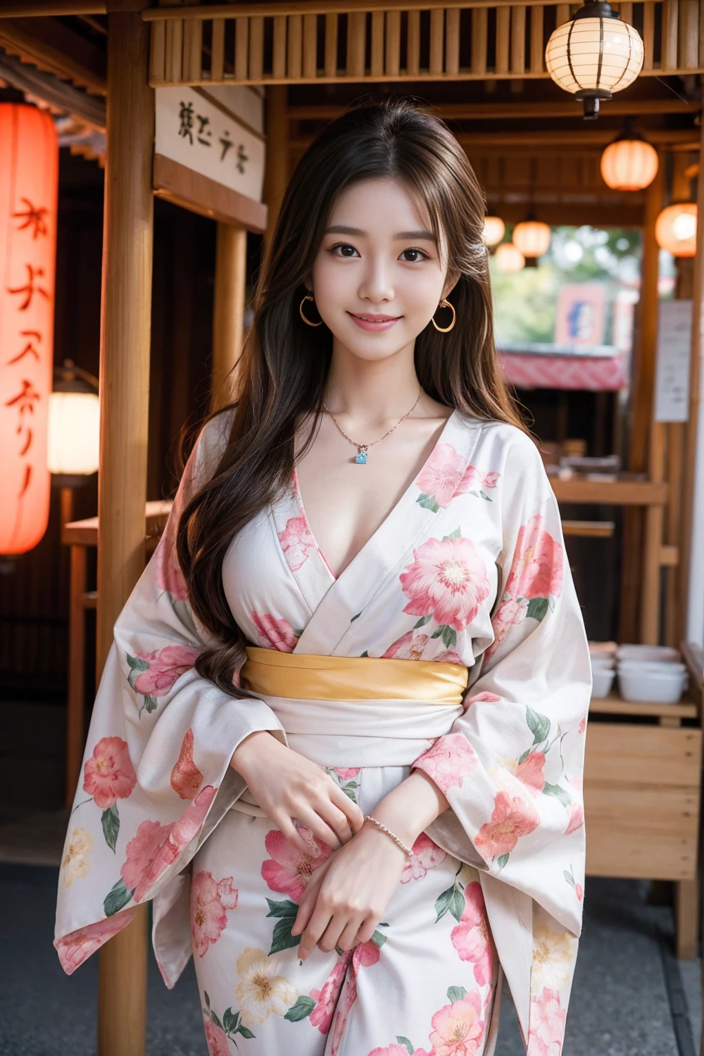 Highest quality,8K, Detailed facial depiction, Detailed description of the eyes,One Woman, Light brown hair(Medium-long hair),Beautiful Japanese Girl,24-years-old,Cute eyes,Cute Smile,Yukata beauty,Yukata with a beautiful floral pattern,Slender body, Large, plump breast size, Long and beautiful legs,Smiling, Colorful earrings,necklace,Are standing,Beautiful nape,Japanese Summer Festivals,There are food stalls