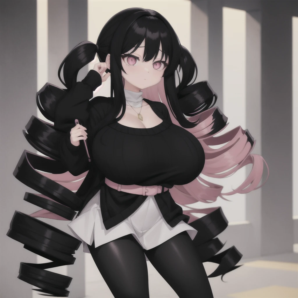black hair, female, twin drills, solo, smol, pink eyes, massive breasts, very long hair, wear open cut black sweater and leggings, masterpiece, ultra high quality