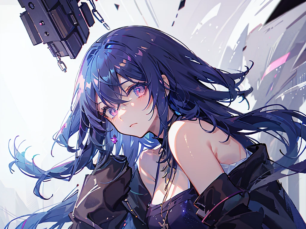8k wallpaper，tmasterpiece，cinmatic lighting，top Quority，illustratio，Dramatic angles，（（a color：1.1）），（（Colored inner hair：1.4）），
1girll， solo， long blue hair， SakuraNS， Pink eyes， Cross necklace， parted lip， a white choker， liquid hair， Light blue hair， By bangs， By bangs， From the side Side， contours， The upper part of the body， blue hairs， simple backgound， Black and purple back ground， exposed bare shoulders， sportrait， looking at viewert， white dresses， hairsbetweeneyes， colorfulhair， Galaxy Background, Nebula, 耳Nipple Ring，jewely, majestic space creature