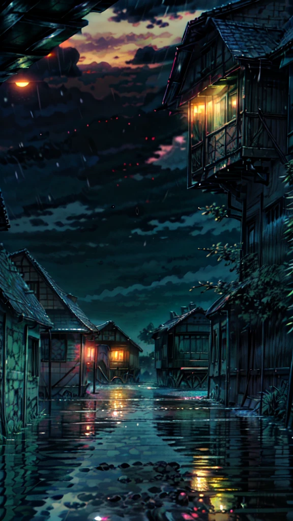 A painting of an autumn landscape, dead trees, dark cloud, rain:: 5, rain storm:: 5, mud puddle, dead grassy field, night time light, dark sky, full moon.