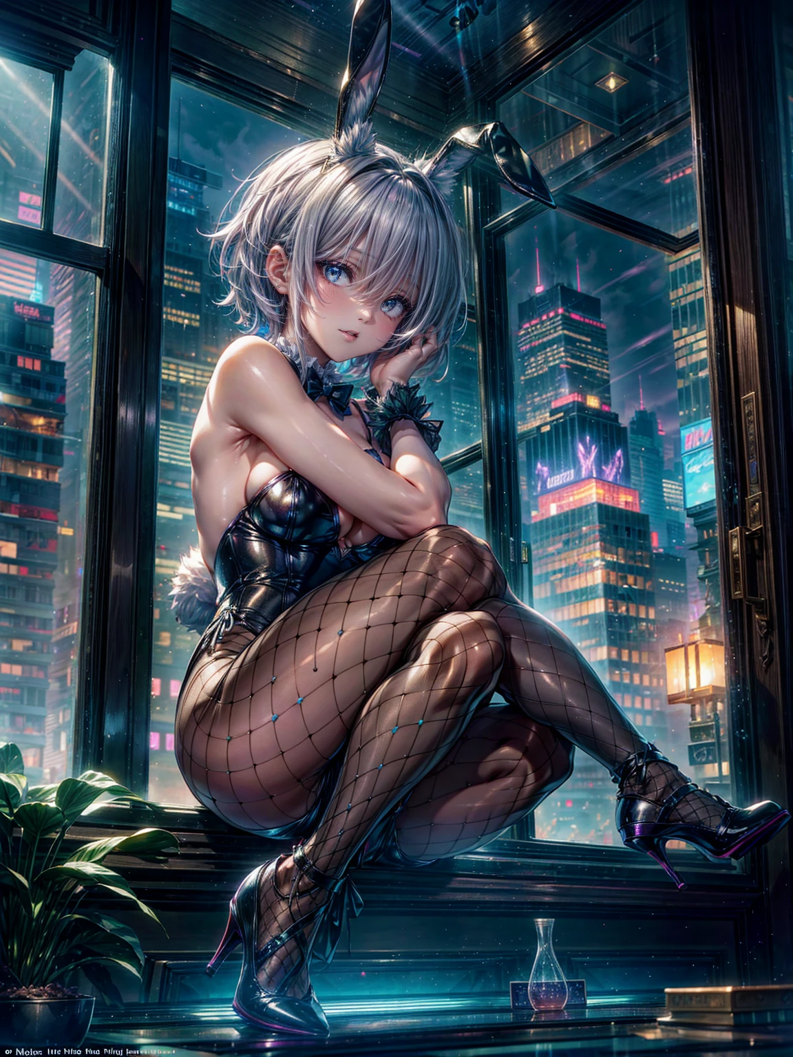 Highest quality、、(Bunny girl)、Fishnet tights、High heels、View Viewer、smile、Futuristic Living Room、indirect lighting、Room with houseplants、From the window you can see the valley between the city buildings、Night view、Silver short hair、Beautiful eyes、Beautiful Face、Delicate eyes