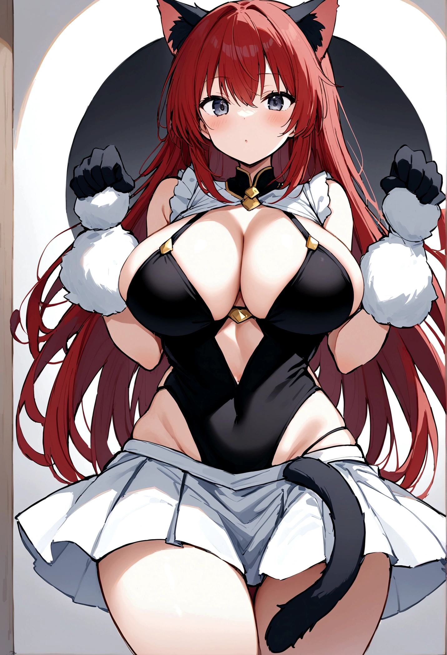 I am Hikaru, I am a white furred cat woman with long red hair along with cat ears and light black eyes with a black cat tail. I am 1.60 cm tall and weigh 46 kg, my breasts measure 300 cm, my waist 60 cm and my hips 200 cm. Dressed in a white mini skirt revealing the black thong I was wearing along with a short, tight black top. With big breasts 300 cm
