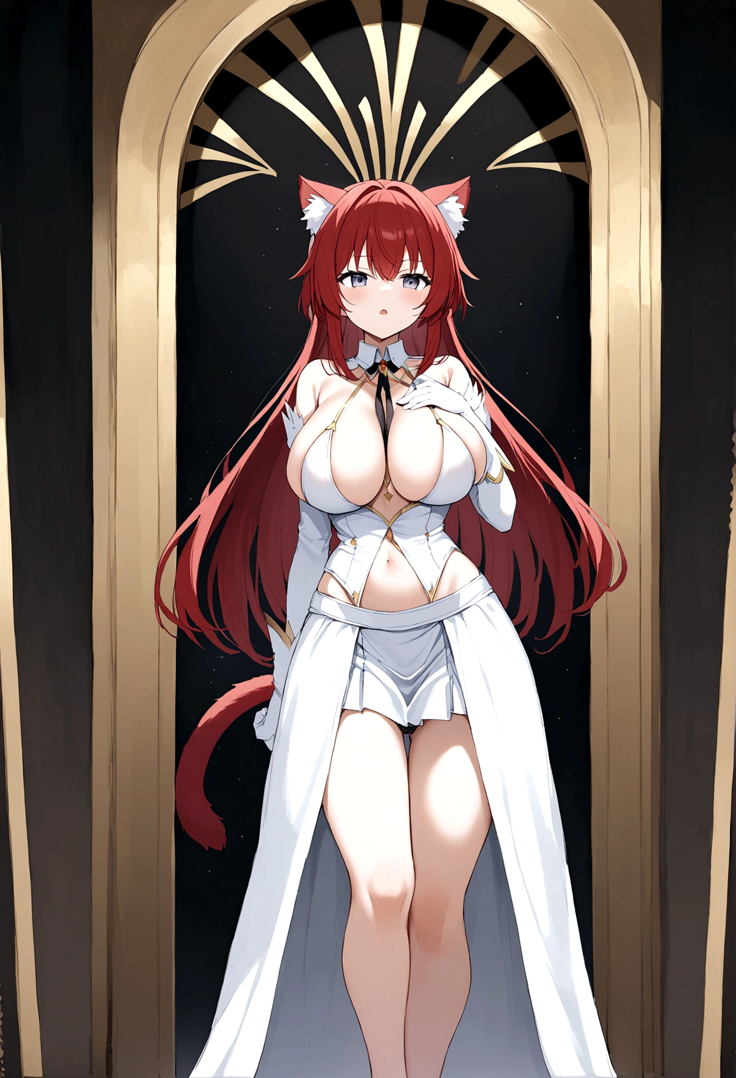 I am Hikaru, I am a white furred cat woman with long red hair along with cat ears and light black eyes with a black cat tail. I am 1.60 cm tall and weigh 46 kg, my breasts measure 300 cm, my waist 60 cm and my hips 200 cm. Dressed in a white mini skirt revealing the black thong I was wearing along with a short, tight black top. With big breasts 300 cm