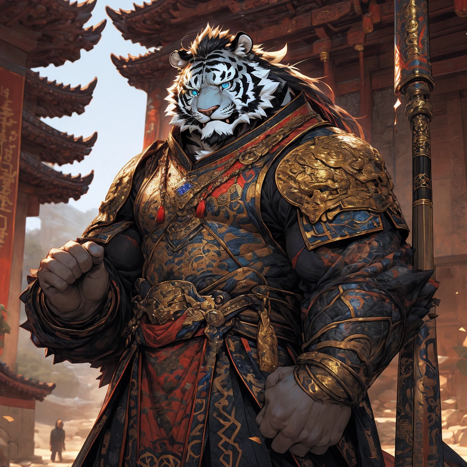 (Black Tiger),(金色General战袍),Holding a spear,Powerful gesture,Stand confidently and proudly,(边塞Great Wall与沙漠戈壁为背景:1.2.Great Wall),abdominal muscles,Heroic Stance飒爽,完美的masterpiece,Various facial details,Long-term perspective,specific description,masterpiece,CG,(Light blue eyes),Light black pattern,Black tail,General,Heroic Stance,Golden fur,Specific facial details,Half Body,(炎火General战履),(Chang Ling),((middle aged)),(Face Focus),(16K),HD,Red and white belly,temple,beard,(Face line),Different students,(blouse detailed with gold),,Strong,muscle,(high resolution:1.3),Chinese style general holding a long sword,Looking into the distance