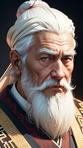 solo、Oriental、Intelligent old man、An elderly man in plain white ancient Chinese costume、Ancient Chinese hairstyle old man、Highest quality、masterpiece、Ultra-high resolution、(Realistic:1.4)、Game Poster、Crisp and beautiful image quality、White Hair、white and long beard,、Embroidered cloth wrapped around a topknot、morning