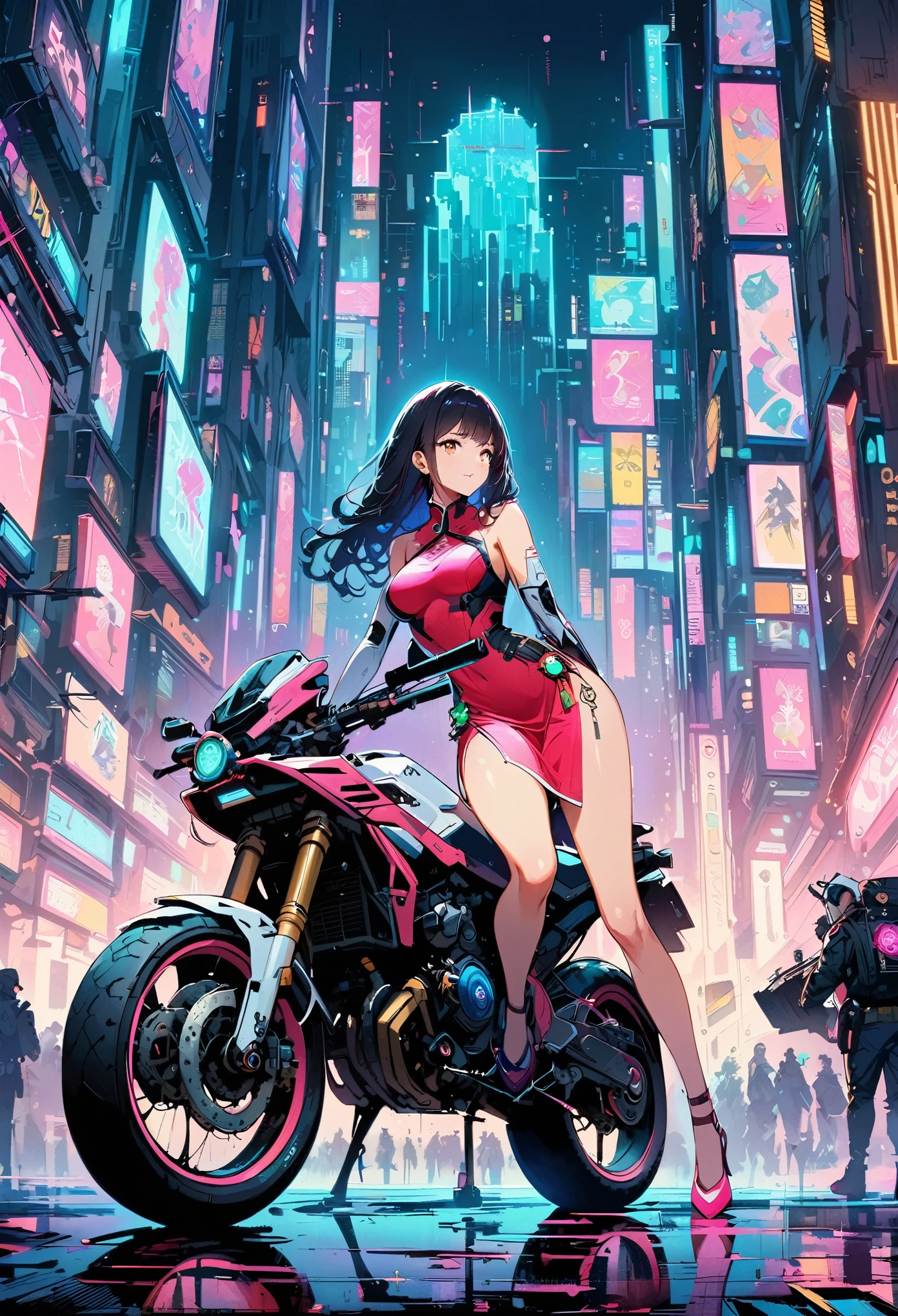 ((Vision:1.8))，((Wide-angle lens：1.5))，1 girl, Wearing a black cheongsam，Robot arms and legs，Cyberpunk beauty holding an assault rifle, m4 carbine，Standing under the cherry blossom tree with pink flowers，（white sockechanical ceramic high heels：1.5 ），Cyberpunk background，Empty Mountain Motorcycle Style Oil Painting，futuristic style，cyberpunk，high detail, black hair, short hair, wavy hair, hazel eyes, beautiful detailed eyes, beautiful detailed face, (perfect hands), perfect anatomy, perfect proportions, medium breasts