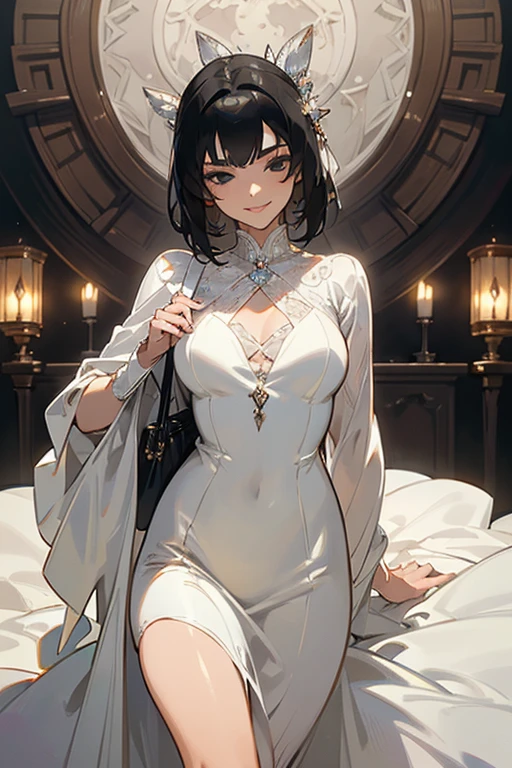 a serious girl in a silver gown, short black hair, black eyes, beautiful detailed eyes, beautiful detailed lips, extremely detailed face and eyes, holding white purse, midday lighting, serious grin, sexy pose, 8k, hyper detailed, masterpiece, cinematic lighting, dramatic, elegant, stylish, fashion photography
