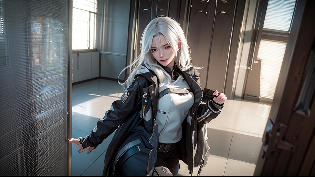 ((best quality)), ((masterpiece)), (detailed:1.4), 3d, Image of a beautiful cyberpunk woman with white hair,Black HDR Jacket (High Dynamic Range),Ray Tracing,nvidia RTX,Super Resolution,Unreal 5,Subsurface scattering,PBR Textures,Post-Processing,Anisotropic filtering,Depth of Field,Maximum clarity and sharpness,Multi-layered textures,Albedo and Specular Maps,Surface Shading,Accurate simulation of the interaction between light and material,Perfect proportion,Octane Rendering,Two-color lighting,Large aperture,Low ISO,White Balance,Rule of Thirds,8K Native,