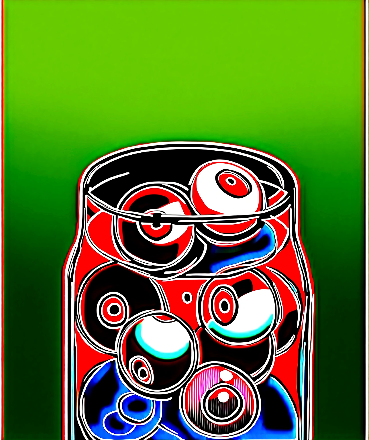 a glass jar filled with eyeballs, eyeballs, blood, early morning