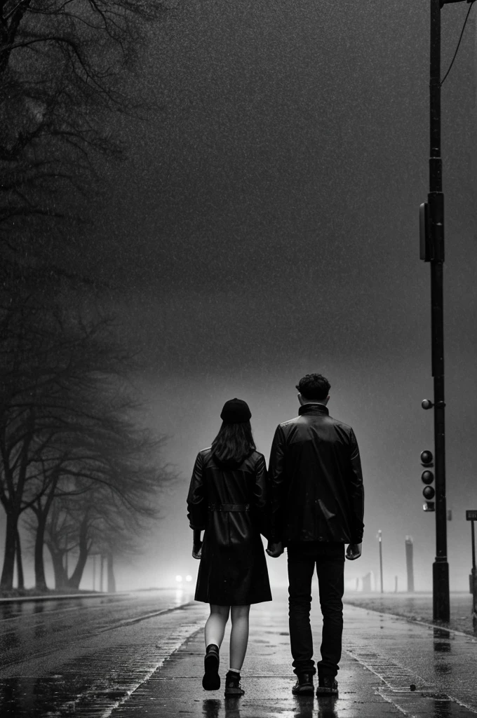 A 19-year-old woman and a 21-year-old boy stand in the distance on a rainy day in black and white
