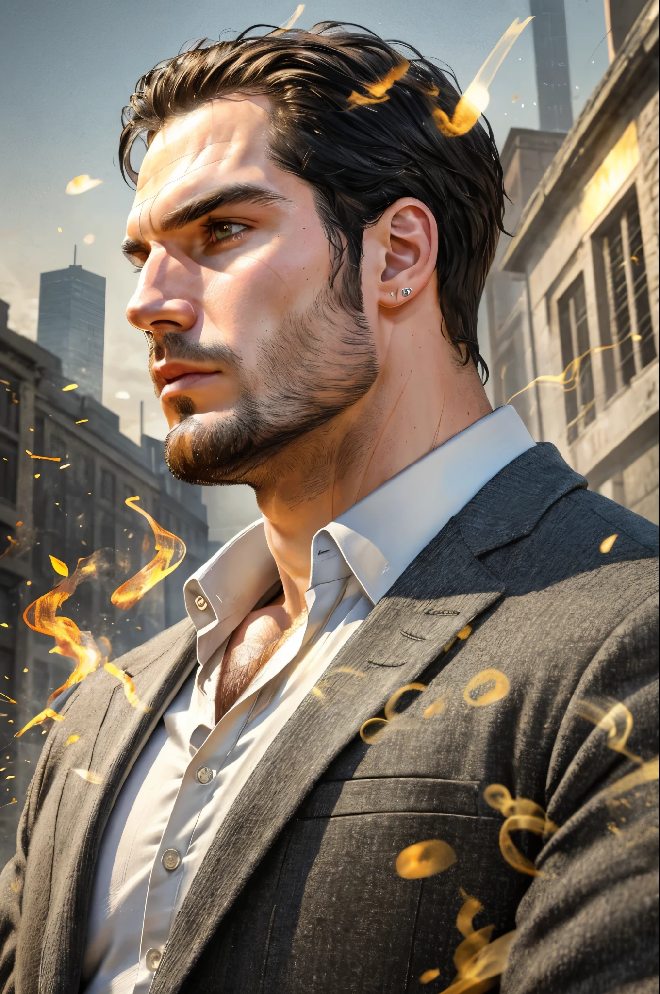 Photo RAW portrait handsome, Henry Cavill super man, piercing gaze, high quality textures, high quality shadows, high detail, beautiful detail, fine detail, extremely detailed computer graphics, detailed textures, realistic faces, atmosphere of fear and unease, sensual moment from the point of view of someone in a close embrace with a muscular man bathing in smoke with bright laser eyes