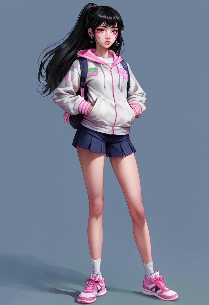 Green Screen,Plain background,High School Uniform:2,Fantasy digital watercolor painting,One girl,sneakers,XG,Standing pose,whole body,Black Hair,Pink eyes,eyelash,eye shadow,Nose Piercing,Lip Piercing,anime,high school student,NewJeans,Korean Girls,Staring at the audience,In-person audience,cool,masterpiece,Very detailed,8k wallpaper,Highest quality,