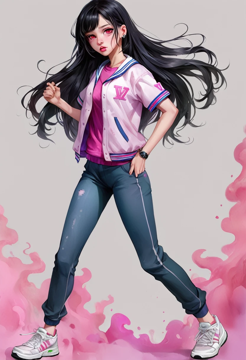 Green Screen,Plain background,High School Uniform:2,Fantasy digital watercolor painting,One girl,sneakers,XG,Standing pose,whole body,Black Hair,Pink eyes,eyelash,eye shadow,Nose Piercing,Lip Piercing,anime,high student,NewJeans,Korean Girls,Staring at the audience,In-person audience,cool,masterpiece,Very detailed,8k wallpaper,Highest quality,